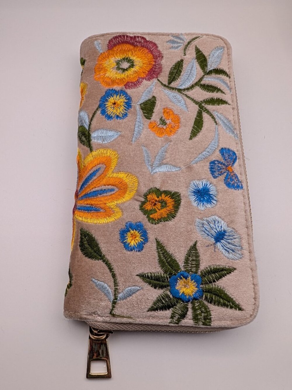Suede Like Wallet with Embroidered Flowers